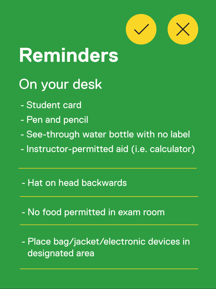 Infographic with reminders of what to do when you arrive at the test centre and what you can keep on your desk